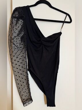 Target Black One-Shoulder Polka Dot Mesh Sleeve Bodysuit